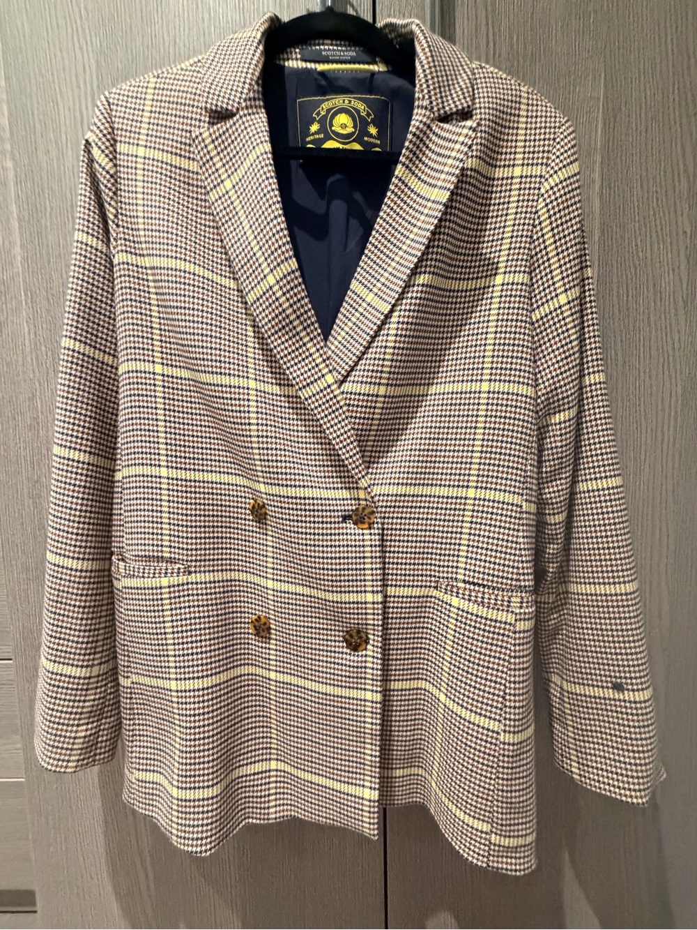 Checked Double-Breasted Blazer Jacket - Navy/Beige